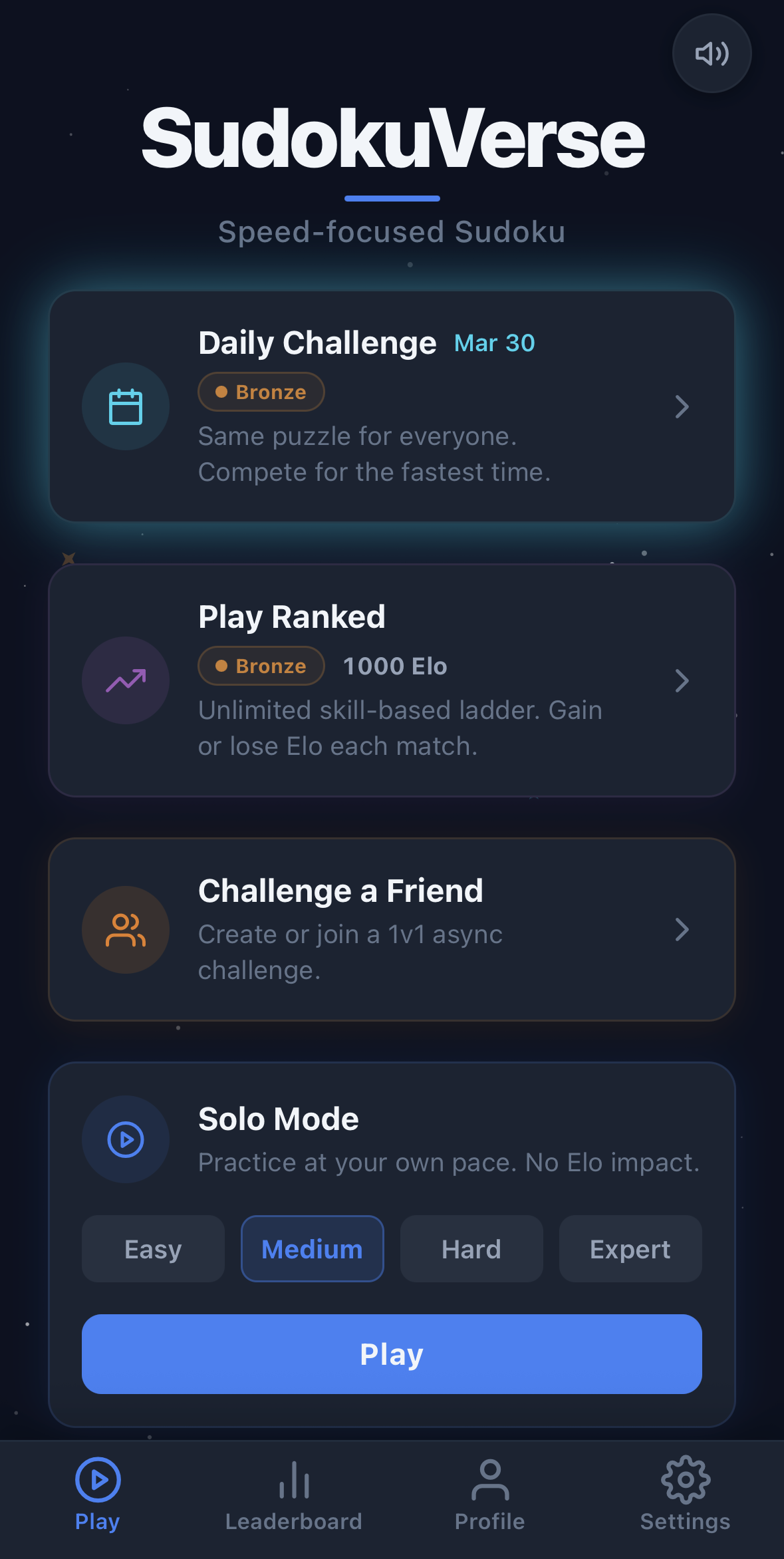 SudokuVerse home screen